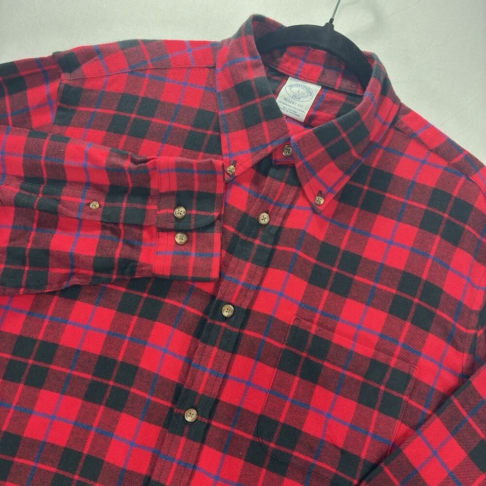 Brooks Brothers Mens L Regent Fit Flannel Shirt Red Black Blue Plaid Cotton